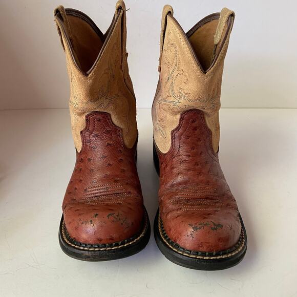 Ariat Fatbaby Brown Suede Embossed Ostrich Cowboy Boots Size 6B - Picture 4 of 15